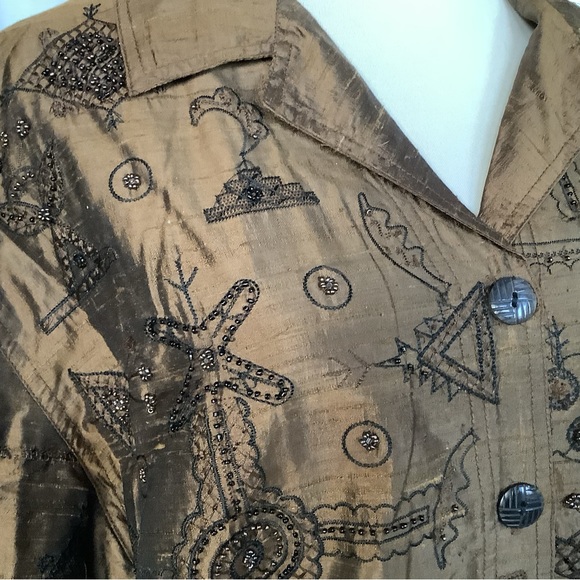 Chico’s Design 100% Silk Embroidery Blazer Jacket Size 2 (Large) Brown Beaded - Picture 2 of 9